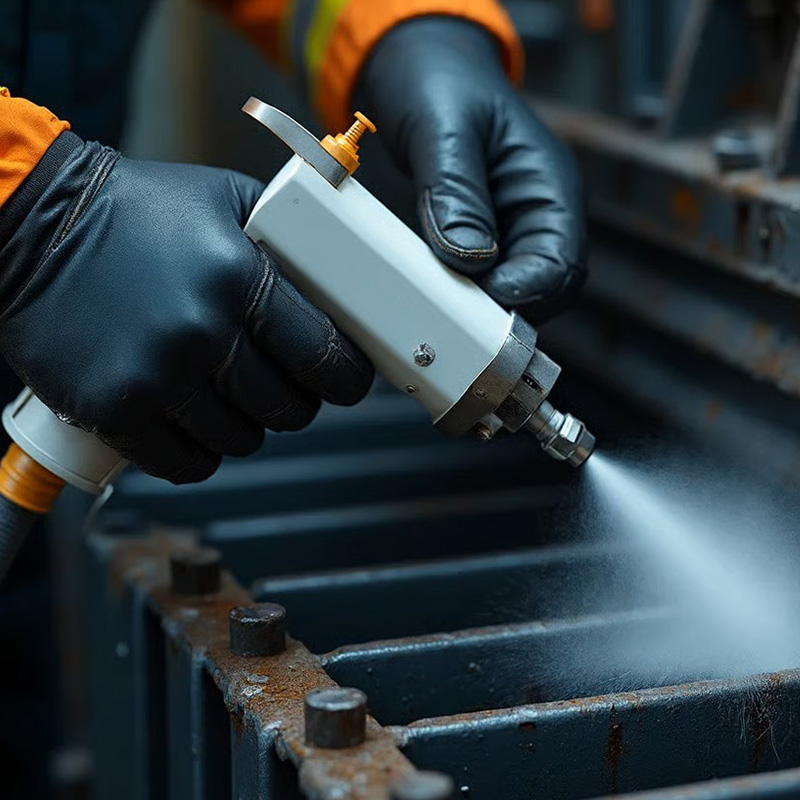 Superficie industriale in trattamento di pulizia criogenica